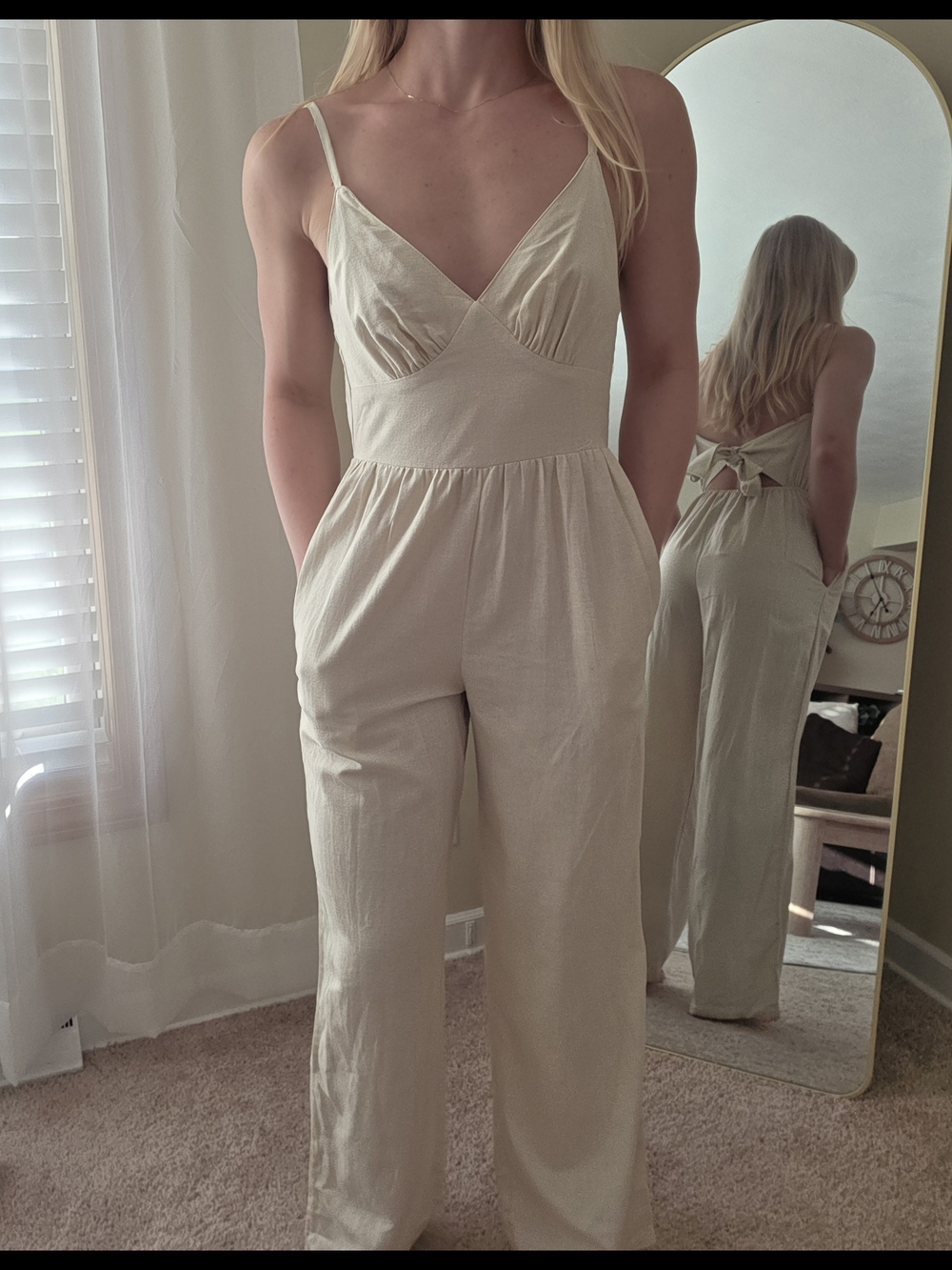Cream Spaghetti Strap Wide-Leg Jumpsuit